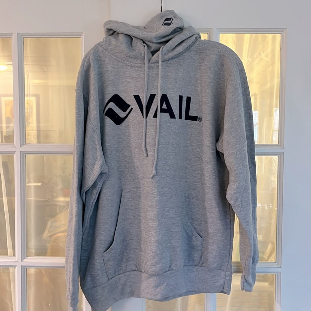 VAIL Graphic Turtleneck/Hoodie Sweatshirt • Rare • Gray/Navy Lettering • Small